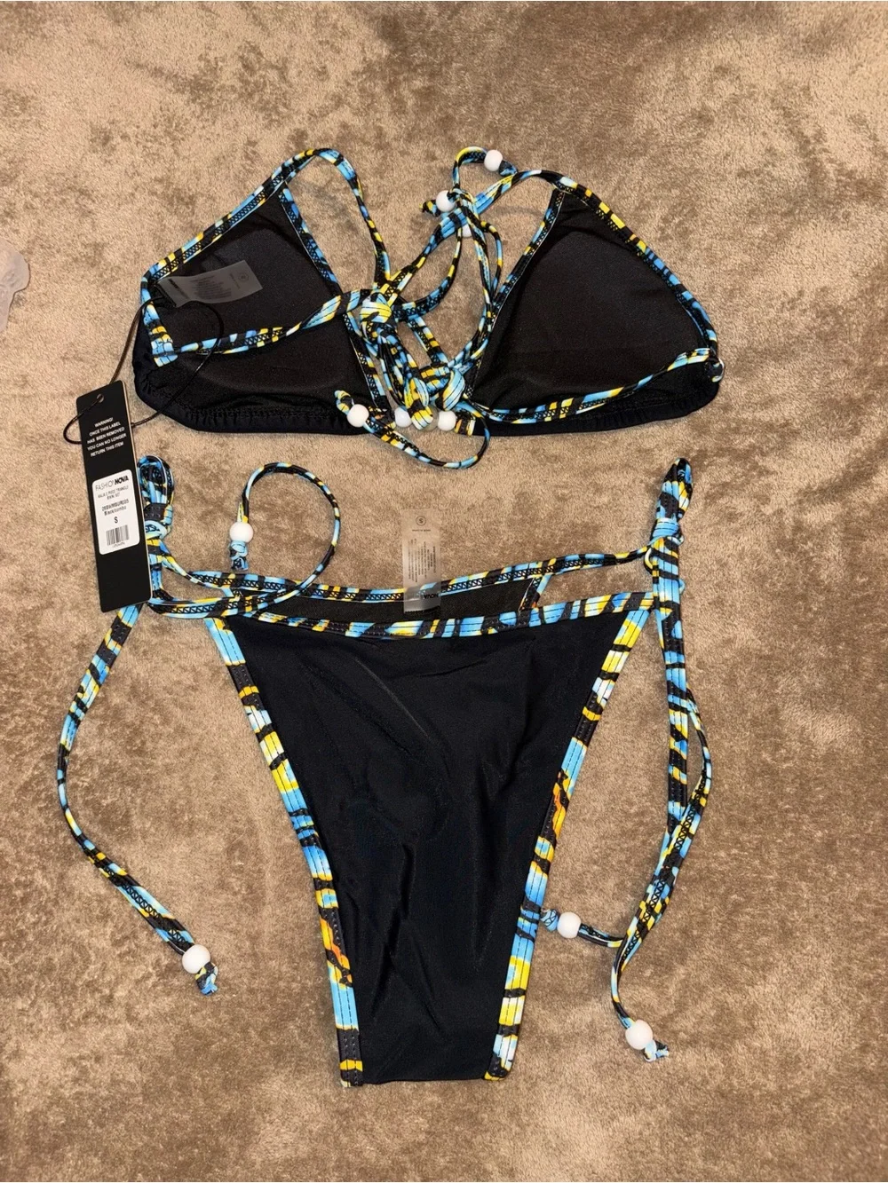 NWT Fashion Nova Black Bikini with Blue & Yellow Trim